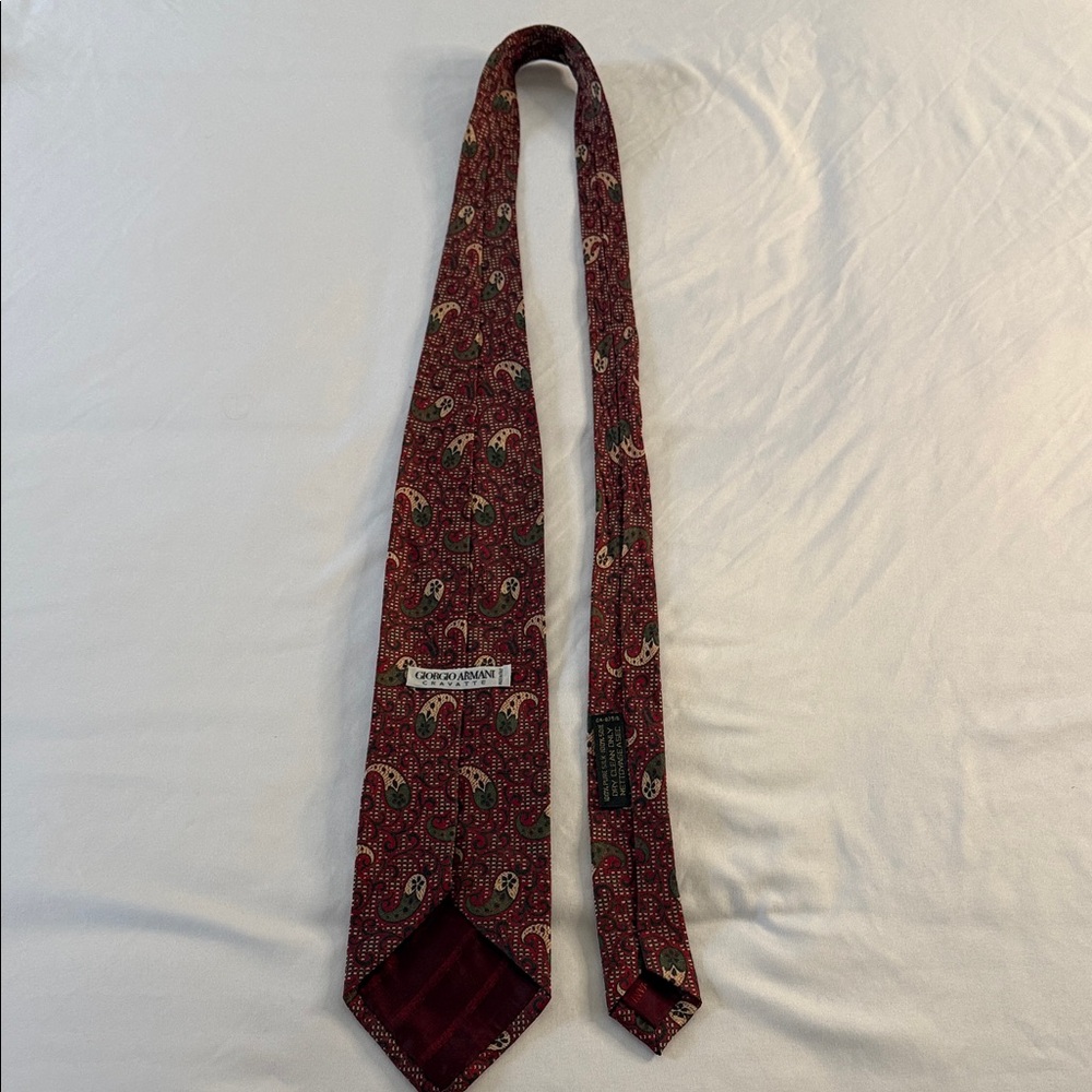 Giorgio Armani Burgundy Paisley Silk Tie with Cream and Green Details
